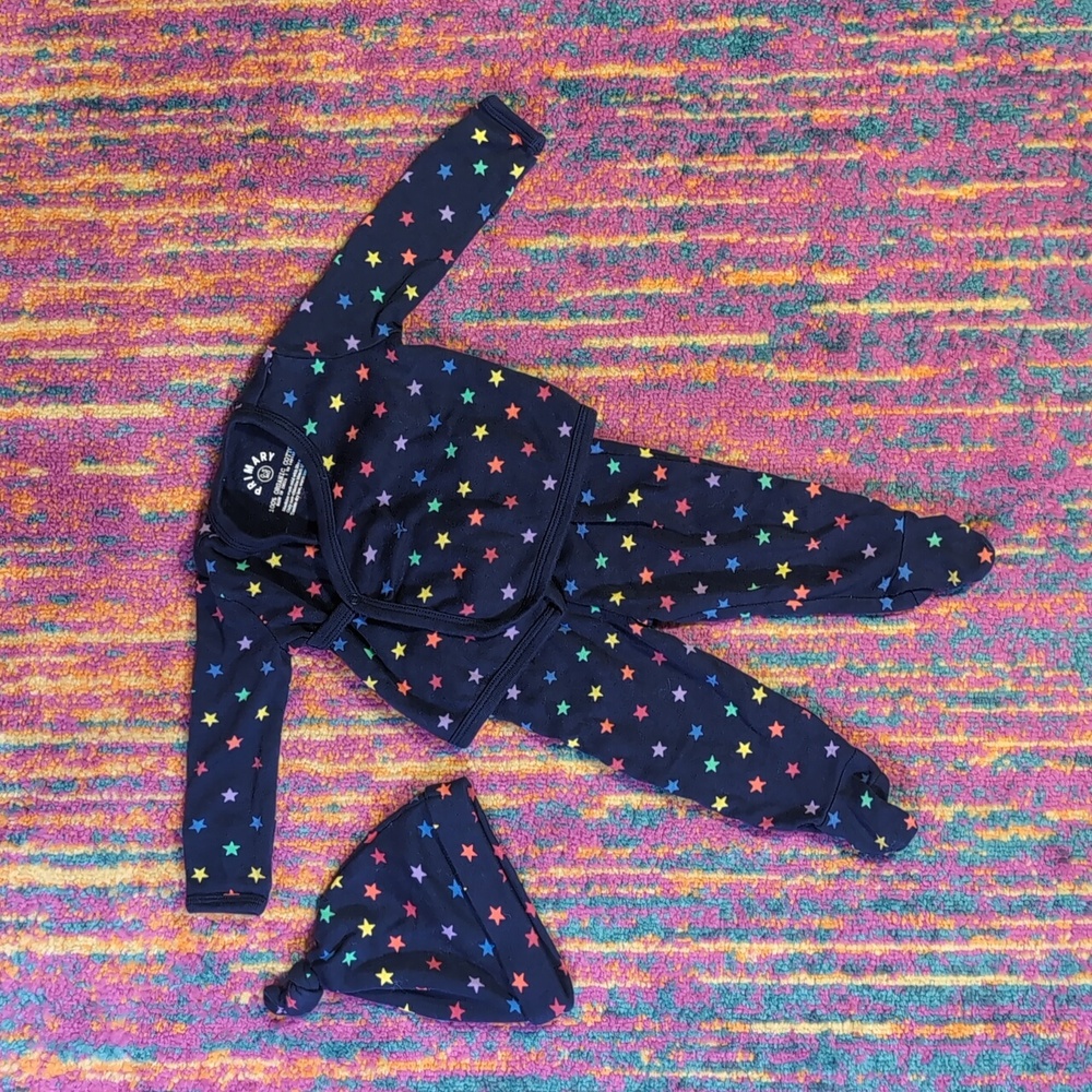 Primary 3-piece layette set, navy rainbow stars 0-3 month